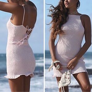 Free People | Lyla Smocked Open Back Strappy Mini Dress in Pink Chalk | NWT